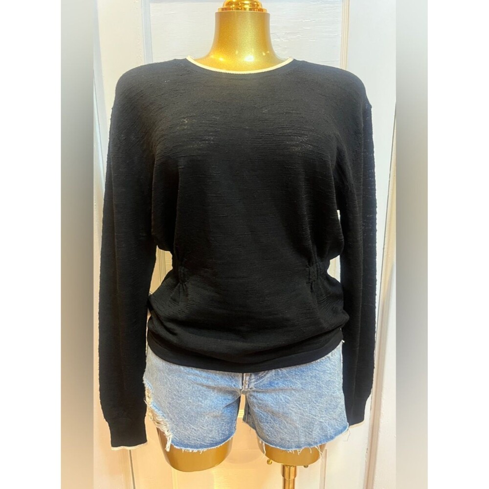 Veronica Beard Charlene Merino Wool Pullover Top Black Ivory Trim Size S